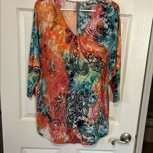 Orange and Blue Graphic Tunic with 3/4 Sleeves